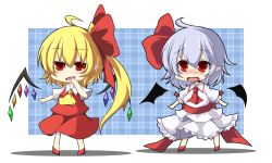 Rule 34 | 2girls, :d, ahoge, akisome hatsuka, ascot, bat wings, blush, bow, chibi, detached wings, flandre scarlet, hair bow, hair ribbon, long hair, looking at viewer, multiple girls, open mouth, pointy ears, red eyes, remilia scarlet, ribbon, short hair, side ponytail, silver hair, smile, touhou, wings