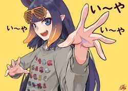 Rule 34 | 1girl, :d, absurdres, blunt bangs, commentary request, eyewear on head, fang, grey shirt, highres, hololive, hololive english, long hair, long sleeves, looking at viewer, mole, mole under eye, ninomae ina&#039;nis, open mouth, pointy ears, purple eyes, purple hair, radical highway, shirt, signature, simple background, smile, solo, sunglasses, upper body, virtual youtuber, yellow background