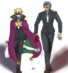 Rule 34 | 2boys, artist request, black hair, blazblue, blazblue: bloodedge experience, blindfold, blonde hair, blood, cape, claws, formal, gloves, looking at viewer, mask, single mechanical arm, multiple boys, necktie, parted lips, pointy ears, relius clover, shoes, short hair, spiked hair, suit, valkenhayn r hellsing, walking, aged down