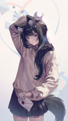 Rule 34 | 1girl, absurdres, animal, animal ear fluff, animal ears, animal on head, arm up, black hair, black skirt, blue eyes, blunt bangs, closed mouth, commentary, cowboy shot, hair over shoulder, highres, holding, holding letter, letter, long hair, long sleeves, love letter, on head, original, pleated skirt, ramingbera, sidelocks, skirt, solo, standing, sweater, tail
