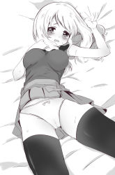Rule 34 | 1girl, bare arms, bed sheet, black thighhighs, blush, bow, bow panties, breasts, cameltoe, cleft of venus, clothes lift, commentary request, creatures (company), game freak, greyscale, long hair, looking at viewer, monochrome, nasakixoc, nintendo, open mouth, panties, pleated skirt, pokemon, pokemon xy, raised eyebrows, serena (pokemon), sheet grab, shirt, skirt, skirt lift, sleeveless, sleeveless shirt, solo, sweat, tearing up, thighhighs, underwear