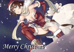 Rule 34 | 1girl, azuma ren, blue eyes, breasts, elbow gloves, face, gloves, hat, lingerie, long hair, merry christmas, night, night sky, original, panties, santa costume, santa hat, scarf, sky, snow, snowing, solo, thighhighs, twintails, underwear