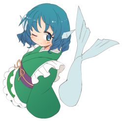 Rule 34 | 1girl, blue eyes, blue hair, blush, closed mouth, fins, fish tail, green kimono, head fins, ini (inunabe00), japanese clothes, kimono, obi, one eye closed, sash, short hair, simple background, solo, tail, touhou, wakasagihime, white background