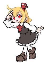 Rule 34 | 1girl, ahoge, ascot, black skirt, black vest, commentary, fang, frilled skirt, frills, grey footwear, hair ribbon, long sleeves, looking at viewer, open mouth, parody, puyopuyo, red ascot, red eyes, red ribbon, ribbon, rumia, shinmon akika, shirt, skirt, socks, solo, style parody, touhou, vest, white shirt, white socks