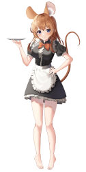 Rule 34 | &gt;:), 1girl, \||/, absurdres, alpha beast, animal ear fluff, animal ears, apron, bare legs, barefoot, black shirt, black skirt, blue eyes, blush, bow, breasts, brown hair, c:, center frills, closed mouth, commentary, double-parted bangs, eyelashes, frilled apron, frilled skirt, frills, full body, hair between eyes, hand on own hip, highres, holding, holding tray, impossible clothes, large breasts, long hair, looking at viewer, maid, maid apron, mouse ears, mouse girl, mouse tail, orange bow, original, puffy short sleeves, puffy sleeves, shirt, short sleeves, simple background, skirt, smile, smug, standing, tail, tail raised, toenails, toes, tray, v-shaped eyebrows, white apron, white background