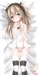 Rule 34 | 1girl, bed sheet, black bow, black bowtie, black ribbon, black thighhighs, blush, boko (girls und panzer), bow, bowtie, brown eyes, collared shirt, commentary, covered navel, dress shirt, from above, girls und panzer, gluteal fold, hair ribbon, head tilt, highres, langley1000, light brown hair, light frown, long hair, long sleeves, looking at viewer, loose bowtie, lying, no pants, on back, on bed, one-piece swimsuit, one side up, open clothes, open shirt, parted lips, revision, ribbon, school swimsuit, shimada arisu, shirt, solo, striped clothes, striped thighhighs, stuffed animal, stuffed toy, swimsuit, swimsuit under clothes, teddy bear, thighhighs, white one-piece swimsuit, white shirt