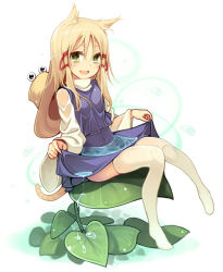 Rule 34 | 1girl, :d, animal ears, blonde hair, blue skirt, blue vest, blush, cat ears, cat tail, clothes lift, covered navel, full body, green eyes, hair ribbon, hat, unworn hat, unworn headwear, kemonomimi mode, leaf, lifting own clothes, long hair, looking at viewer, moriya suwako, no shoes, open mouth, red ribbon, ribbon, sidelocks, sitting, skirt, skirt basket, skirt lift, skirt set, smile, solo, tail, thighhighs, touhou, tress ribbon, uruu gekka, vest, water, wet, wet clothes, white thighhighs
