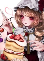 Rule 34 | 1girl, blonde hair, brooch, cake, drill hair, eating, flandre scarlet, food, glint, hat, heart, highres, jewelry, light smile, looking at viewer, mizuhichi, mob cap, pointy ears, red eyes, short hair, simple background, solo, swept bangs, touhou, white background, white hat