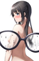 Rule 34 | 1girl, back, black-framed eyewear, black hair, blue eyes, blur censor, blurry, blush, censored, closed mouth, completely nude, from behind, glasses, highres, idolmaster, idolmaster shiny colors, karikura (atatata71), long hair, looking at viewer, looking back, mitsumine yuika, nude, pov, profile, simple background, smile, solo, twintails, water drop, white background