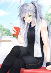 Rule 34 | 1girl, black pantyhose, black shorts, black tank top, breasts, collarbone, commentary request, cup, eyes visible through hair, food print, green eyes, hair between eyes, hair over shoulder, heterochromia, holding, holding cup, knee up, pantyhose under shorts, long hair, looking at viewer, messy hair, muscular, muscular female, open mouth, original, pants, pantyhose, shorts, sidelocks, silver hair, sitting, small breasts, smile, solo, split ponytail, sweat, tank top, towel, towel around neck, tree, waka (shark waka), watermelon print, window, wristband, yellow eyes
