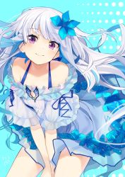 Rule 34 | 1girl, arms between legs, bare shoulders, blue hair, blunt bangs, blush, closed mouth, colored inner hair, dress, flower, frilled dress, frilled sleeves, frills, grey hair, hair flower, hair ornament, highres, leaning forward, lize helesta, looking at viewer, multicolored hair, nejime, nijisanji, off-shoulder dress, off shoulder, pointy ears, short shorts, shorts, smile, solo, v arms, virtual youtuber