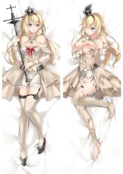 Rule 34 | 1girl, black hairband, blonde hair, blue eyes, braid, breasts, breasts out, corset, crown, dakimakura (medium), dress, flower, french braid, garter straps, hair between eyes, hairband, jewelry, kantai collection, large breasts, long hair, long sleeves, lying, mini crown, moeanime, necklace, nipples, off-shoulder dress, off shoulder, on back, on side, one eye closed, red flower, red rose, rose, scepter, torn clothes, torn dress, warspite (kancolle), white corset, white dress