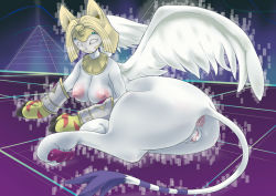 Rule 34 | 1girl, anus, armor, blush, bottomless, breasts, cat, digimon, egyptian, furry, gloves, headpiece, jewelry, mask, monster, monster girl, nefertimon, nipples, pussy, pyramid (structure), sphinx, tail, wings