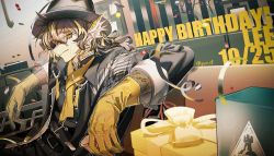Rule 34 | 1boy, arknights, arms up, belt, black coat, black hair, black hat, blonde hair, box, character name, closed mouth, coat, confetti, couch, cup, dated, fins, gift, gift box, glasses, gloves, hair between eyes, happy birthday, hat, head fins, holding, holding cup, kiri (pyonta), lee (arknights), long hair, long sleeves, looking at viewer, monster boy, on couch, open clothes, open coat, rhodes island logo (arknights), rimless eyewear, round eyewear, scales, sitting, smile, solo, yellow gloves