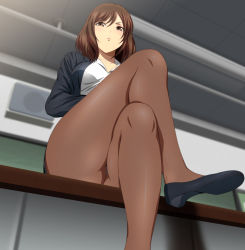 Rule 34 | 1girl, blurry, blurry background, blush, breasts, brown eyes, brown hair, business suit, chalkboard, closed mouth, crossed legs, feet, female focus, formal, from below, groin, highres, indoors, legs, light blush, looking at viewer, looking down, matching hair/eyes, medium breasts, panties, panties under pantyhose, pantyhose, pantyshot, shoes, short hair, sitting, sitting on table, skirt, solo, suit, table, teacher, thighs, underwear, upskirt, yadokari genpachirou