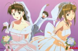 Rule 34 | antennae, bow, bowtie, breasts, bridal bouquet, bridal veil, brown eyes, brown hair, cleavage, dress, earrings, elbow gloves, formal, glasses, gloves, groom, hair ornament, jewelry, love hina, narusegawa naru, necklace, official art, one eye closed, otohime mutsumi, ponytail, shoes, simple background, smile, suit, urashima keitarou, veil, vest, wedding dress, wink