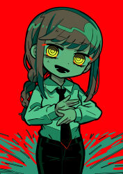 Rule 34 | 1girl, black necktie, black pants, braid, braided ponytail, chainsaw man, collared shirt, highres, looking at viewer, makima (chainsaw man), necktie, open mouth, own hands together, pants, red background, ringed eyes, shirt, sidelocks, simple background, solo, terada tera, white shirt, yellow eyes