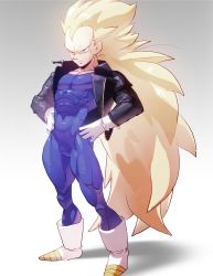 Rule 34 | 1boy, absurdres, bad id, bad pixiv id, blonde hair, blue eyes, bodysuit, boots, covered navel, dragon ball, dragonball z, full body, gloves, gradient background, hands on own hips, highres, jacket, leather, leather jacket, long hair, looking away, male focus, muscular, no eyebrows, simple background, skin tight, smile, solo, spandex, spiked hair, standing, super saiyan, super saiyan 3, supobi, vegeta, very long hair, white footwear, white gloves, zipper