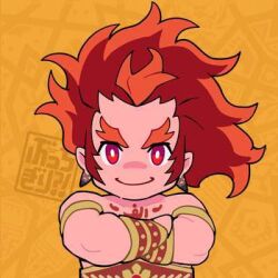 Rule 34 | 1boy, abs, arabic text, bara, belt, bucchigiri, chibi, colored skin, crossed arms, jewelry, long hair, long sideburns, looking at viewer, lowres, male focus, muscular, muscular male, orange background, pectorals, pink skin, prehensile hair, red background, red belt, red eyes, red hair, senya (bucchigiri), sideburns, smile, thick eyebrows