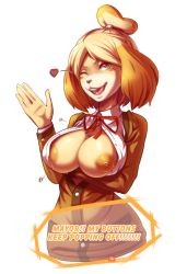 Rule 34 | 1girl, akazulla, animal crossing, animal ears, artist name, blonde hair, blush stickers, breasts, dog ears, english text, female focus, furry, furry female, hair ornament, hair tie, hand up, happy, heart, highres, isabelle (animal crossing), jacket, large breasts, long sleeves, looking at viewer, neck ribbon, nintendo, nipples, no bra, one eye closed, open clothes, open mouth, open shirt, red ribbon, ribbon, shiny skin, shirt, short hair, simple background, smile, solo, speech bubble, talking, teeth, text focus, tongue, topknot, upper body, wardrobe malfunction, watermark, white background, white shirt, wink, yellow eyes, yellow jacket