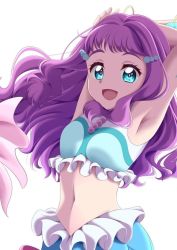 Rule 34 | aqua eyes, arms behind head, arms up, bracelet, crop top, fins, fish tail, head fins, jewelry, laura la mer, long hair, looking at viewer, mermaid, monster girl, open mouth, pink hair, precure, s-operator, scales, simple background, tail, tropical-rouge! precure, white background