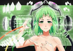 Rule 34 | 1girl, arm up, armpits, bad id, bad pixiv id, bare shoulders, binary, blush, cable, collarbone, female focus, fingernails, flat chest, green eyes, green hair, gumi, hand on own chest, hands on own chest, headgear, headphones, headphones removed, highres, kurinton, light green hair, looking at viewer, matching hair/eyes, neck, nude, omaru gyuunyuu, shiny skin, short hair, smile, solo, standing, topless, topless frame, unworn headgear, vocaloid