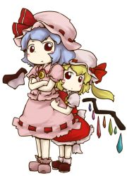 Rule 34 | 2girls, bat wings, blush, crossed arms, detached wings, female focus, flandre scarlet, height difference, hiding, looking at viewer, multiple girls, peconica, remilia scarlet, shy, siblings, simple background, sisters, touhou, white background, wings