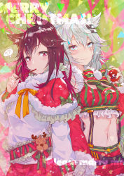 Rule 34 | 2girls, ?, ??, a-ton, animal ears, arknights, black hair, black nails, blue eyes, blush, breasts, capelet, chinese commentary, christmas, commentary request, crop top, earrings, food, fur-trimmed capelet, fur trim, hair between eyes, hair ornament, hairclip, hand up, holding, holding food, jewelry, lappland (arknights), long hair, long sleeves, looking at viewer, medium breasts, merry christmas, midriff, multicolored hair, multiple girls, nail polish, navel, ornate ring, pocky, pom pom (clothes), red capelet, red eyes, red hair, red skirt, ribbon, ring, scar, scar across eye, scar on face, shirt, silver hair, skirt, smile, spoken question mark, stomach, streaked hair, striped, suspenders, texas (arknights), vertical stripes, wedding ring, white shirt, wolf ears, yellow ribbon