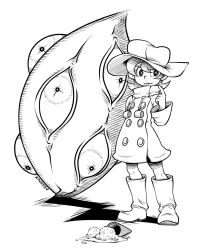 Rule 34 | 1girl, :p, bad id, bad pixiv id, blush, boots, buttons, child, coat, double-breasted, drop, eye focus, food, full body, greyscale, hat, hungern (skullgirls), ice cream, kouotsu, monochrome, pointing, pointing at self, raincoat, short hair, signature, simple background, skullgirls, sleeves past wrists, solo, standing, tongue, tongue out, umbrella, umbrella (skullgirls), wavy mouth