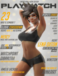 Rule 34 | 1girl, 3d, abs, bare shoulders, breasts, brown hair, cover, english text, female focus, goggles, highres, kevin lumoindong, magazine cover, navel, orange-tinted eyewear, orange-tinted glasses, overwatch, overwatch 1, short hair, short shorts, shorts, sports bra, thighs, tinted eyewear, tracer (overwatch), visor, yellow-tinted eyewear, yellow-tinted glasses