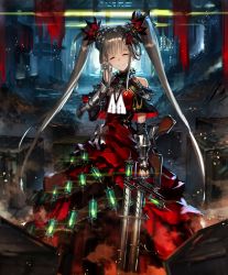 Rule 34 | 1girl, ammunition belt, artist request, bare shoulders, bracer, brown hair, canister, cityscape, clothing cutout, cygames, dress, closed eyes, frilled dress, frills, gun, hair ornament, hand on own cheek, hand on own face, ilmisuna arms dealer, jewelry, long hair, official art, ribbon, ring, shadowverse, shoulder cutout, smile, twintails, weapon