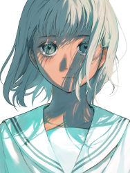 Rule 34 | 1girl, blank stare, close-up, closed mouth, collarbone, commentary, expressionless, grey eyes, grey hair, highres, kotatiyu, looking at viewer, monochrome, original, pale color, portrait, sailor collar, short hair, simple background, solo, white background, wind