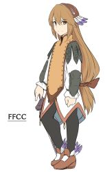 Rule 34 | 1girl, black pantyhose, blonde hair, bow, brown eyes, brown footwear, clavat, closed mouth, contrapposto, copyright name, dress, final fantasy, final fantasy crystal chronicles, full body, hairband, hand on hilt, long hair, long hair clavat, looking at viewer, low-tied long hair, pantyhose, red bow, shiseki hirame, shoes, simple background, smile, solo, standing, sword, tabard, very long hair, weapon, white background, white dress