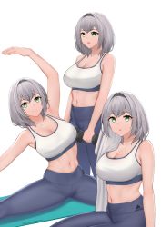 Rule 34 | 1girl, absurdres, adidas, artist name, bare arms, bare shoulders, black hairband, blue pants, bra, breasts, cleavage, closed mouth, commentary, dahadekan, dumbbell, green eyes, hairband, highres, hololive, large breasts, looking at viewer, midriff, multiple views, navel, open mouth, pants, shirogane noel, short hair, silver hair, simple background, smile, sports bra, stretching, sweat, towel, underwear, virtual youtuber, white background, white bra, yoga pants