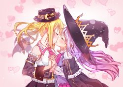 Rule 34 | 2girls, absurdres, ascot, bat wings, black hat, black skirt, blonde hair, blush, bow, bowtie, breasts, closed eyes, collared shirt, crescent, detached sleeves, fingernails, frilled shirt, frilled sleeves, frills, hair between eyes, hat, hat belt, hat ornament, heart, heart background, highres, holding hands, interlocked fingers, kiss, long hair, long sleeves, medium breasts, mini hat, multiple girls, pink background, pink bow, pink bowtie, pink skirt, pio (potion maker), pleated skirt, pointy ears, potion maker, profile, purple hair, purple shirt, shirt, sidelocks, skirt, sleeveless, sleeveless shirt, star (symbol), star hat ornament, tia (potion maker), twintails, underbust, very long hair, white shirt, wide sleeves, wings, witch hat, x-ray, yuri