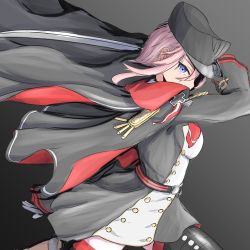Rule 34 | 1girl, azur lane, black background, black cape, black hat, blue eyes, cape, dress, gloves, hair between eyes, hat, highres, holding, holding sword, holding weapon, long hair, looking at viewer, looking to the side, military, military hat, military uniform, peaked cap, pink hair, seydlitz (azur lane), solo, standing, sword, uniform, unijou ri, weapon, white gloves