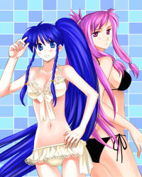 Rule 34 | 2girls, 74, bikini, black bikini, blue eyes, blue hair, blush, braid, breasts, butt crack, checkered background, cleavage, fire emblem, fire emblem: path of radiance, fire emblem: the sacred stones, frilled bikini, frills, hand on own hip, long hair, looking at viewer, looking back, low twintails, marisa (fire emblem), multiple girls, navel, nintendo, open mouth, pink eyes, pink hair, ponytail, side-tie bikini bottom, sideboob, smile, swimsuit, tana (fire emblem), twin braids, twintails, very long hair, white bikini