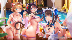 Rule 34 | 3girls, animal ear fluff, animal ears, apron, ass, azur lane, between breasts, bikini, bikini pull, black hair, blonde hair, blue bikini, blue eyes, blue flower, blue hair, blue nails, blue rose, blush, breasts, bridal garter, butt crack, cat ears, cat girl, cat tail, character request, cheshire (azur lane), cleavage, closed mouth, clothes pull, commentary request, cup, curtains, detached collar, drinking glass, flower, frilled apron, frills, grin, hair flower, hair ornament, hibiscus, holding, holding cup, large breasts, long hair, looking at viewer, maid headdress, medium breasts, multicolored hair, multiple girls, mwwhxl, nail polish, open mouth, petals, pink shirt, pool, pulling another&#039;s clothes, purple bikini, red eyes, red flower, rose, shirt, short hair, side-tie bikini bottom, smile, standing, streaked hair, swimsuit, tail, undressing another, white apron, white bikini, wooden floor, wrist cuffs, yellow flower