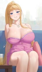 Rule 34 | 1girl, bare shoulders, blonde hair, blue eyes, breasts, cleavage, dosanko gal wa namaramenkoi, dress, feet out of frame, fuyuki minami, grin, highres, jewelry, large breasts, long hair, looking at viewer, necklace, nhaliz, pink dress, sitting, smile, solo, spaghetti strap, strap slip, thighs, very long hair