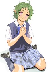 Rule 34 | 1girl, ahoge, alternate costume, black footwear, blue bow, bow, closed mouth, collared shirt, elf, green hair, grey skirt, highres, looking at viewer, mizumori keiichi, mushoku tensei, own hands together, pointy ears, red eyes, school uniform, seiza, shirt, short hair, simple background, sitting, skirt, smile, solo, sylphiette (mushoku tensei), white background, white shirt