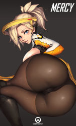 Rule 34 | 1girl, :q, absurdres, armor, armored boots, ass, bad id, bad pixiv id, black footwear, blonde hair, blue eyes, bodysuit, boots, breasts, breasts out, brown background, brown pantyhose, cameltoe, character name, clothes writing, cowboy shot, emblem, from behind, greaves, hair ornament, hair tie, halo, headgear, high collar, high ponytail, highres, large breasts, legs together, licking lips, lips, logo, loincloth, long sleeves, looking at viewer, looking back, lying, mechanical halo, mercy (overwatch), no wings, oinari risuru, on side, overwatch, overwatch 1, pantyhose, pelvic curtain, ponytail, sideboob, simple background, skin tight, skindentation, solo, thighs, tongue, tongue out, turtleneck, wing print