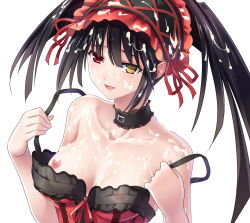 Rule 34 | 10s, 1girl, bad id, bad pixiv id, black hair, blush, breast slip, breasts, bukkake, choker, cleavage, clock eyes, cum, cum on body, cum on breasts, cum on hair, cum on upper body, cybercat, date a live, heterochromia, highres, naughty face, nipples, one breast out, red eyes, simple background, smile, solo, symbol-shaped pupils, tokisaki kurumi, undressing