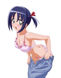Rule 34 | 1girl, absurdres, ass, black background, blush, bra, breasts, butt crack, cleavage, hayate no gotoku!, highres, large breasts, leaning forward, lingerie, looking at viewer, nishizawa ayumu, open mouth, panties, short hair, short twintails, simple background, solo, strap gap, twintails, underwear, undressing, vector trace