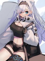 Rule 34 | 1girl, absurdres, animal ears, arknights, aurora (arknights), aurora (elite ii) (arknights), bear ears, black gloves, black hairband, black shirt, black shorts, blue eyes, breasts, cleavage, commentary request, cowboy shot, crop top, gloves, hairband, highres, infection monitor (arknights), large breasts, long hair, long sleeves, looking at viewer, midriff, moti yousei, navel, partial commentary, shirt, short shorts, shorts, shrug (clothing), silver hair, smile, solo, stomach, thigh strap, thighs, very long hair