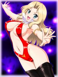 Rule 34 | 10s, 1girl, armlet, blonde hair, blue eyes, boots, breasts, cosplay, dated, fang, girls und panzer, halloween, kay (girls und panzer), large breasts, long hair, looking at viewer, navel, outstretched arms, slingshot swimsuit, smile, spread arms, standing, swimsuit, tanuki yousuke, thigh boots, thighhighs, vampirella, vampirella (character), vampirella (character) (cosplay)
