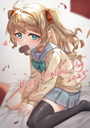 Rule 34 | 1girl, absurdres, ahoge, bandaid, bandaid on knee, bandaid on leg, black socks, black thighhighs, blue eyes, blue sailor collar, blue skirt, blush, bow, bowtie, candy, cardigan, child, chinese commentary, chocolate, chocolate heart, commentary, confetti, english commentary, english text, food, food in mouth, green bow, green bowtie, hair bow, happy valentine, heart, highres, indie virtual youtuber, kneehighs, light brown hair, live2d inc., long hair, long sleeves, looking at viewer, mixed-language commentary, momose hiyori, mouth hold, neuro-sama, pleated skirt, red bow, rune (dualhart), sailor collar, school uniform, serafuku, sidelocks, single kneehigh, single sock, single thighhigh, sitting, skirt, smile, socks, thighhighs, two side up, valentine, virtual youtuber, wariza, yellow cardigan