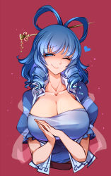 Rule 34 | 1girl, blue dress, blue eyes, blue hair, breasts, cleavage, closed mouth, collarbone, dress, drill hair, hair ornament, hair rings, hair stick, heart, highres, kaku seiga, large breasts, medium hair, one eye closed, open clothes, open vest, puffy short sleeves, puffy sleeves, raptor7, red background, short sleeves, simple background, smile, solo, touhou, upper body, vest, white vest