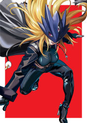 Rule 34 | 1girl, absurdres, arm scarf, beelstarmon, belt, belt collar, black footwear, black gloves, black jacket, black lips, black mask, black pants, black scarf, blonde hair, boots, border, breasts, collar, commentary request, commission, cropped vest, digimon, digimon (creature), eye mask, floating hair, gloves, gun, high heel boots, high heels, highres, holding, holding gun, holding weapon, jacket, large breasts, leather, leather jacket, leather pants, lipstick, long hair, long sleeves, looking to the side, makeup, mask, open clothes, open jacket, open mouth, pants, pink eyes, red background, scarf, sidelocks, skeb commission, solo, standing, stomach, teeth, third eye, tight clothes, tight pants, underboob, vest, weapon, white border, yagi (joe731842), zipper