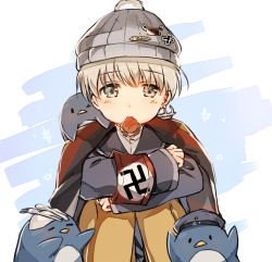 Rule 34 | 10s, 1girl, anchor earrings, aqua eyes, armband, beanie, bird, blue eyes, blush, cookie, cross, earrings, flag, food, fork, german flag, hat, iron cross, jewelry, kantai collection, long sleeves, looking at viewer, mouth hold, nazi, penguin, sailor hat, short hair, silver hair, solo, spoon, swastika, yae (yaecun), z1 leberecht maass (kancolle)