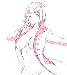 Rule 34 | 1girl, bad id, bad pixiv id, breasts, character request, coat, collarbone, idolmaster, jacket, large breasts, long sleeves, looking at viewer, medium breasts, monochrome, naked coat, navel, one eye closed, open clothes, open jacket, poin (hidsuki), simple background, smile, solo, v, white background